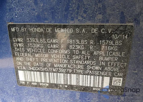 2015 Honda Fit Lx z USA, uszkodzony, nr VIN 3HGGK5H57FM739279